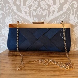 Satin Navy Clutch w/ Chain Gold Hardware NWOT